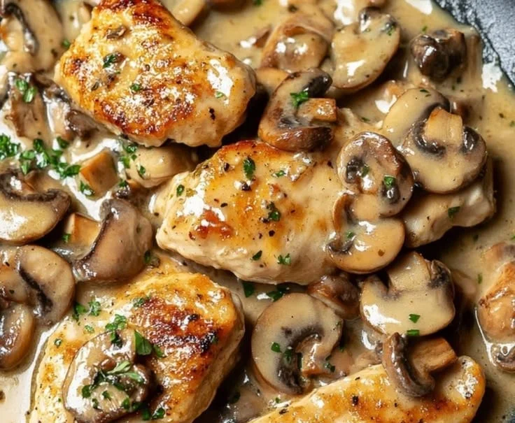 Plate of Mushroom Chicken served with vegetables and herbs