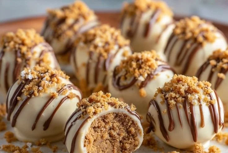 Delicious no-bake Biscoff truffles on a plate, topped with crushed cookies