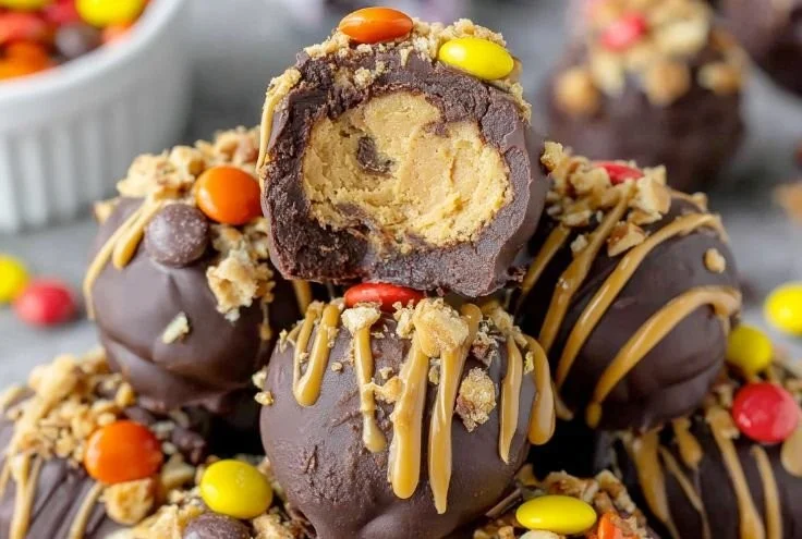 Delicious no-bake peanut butter chocolate truffles on a white plate