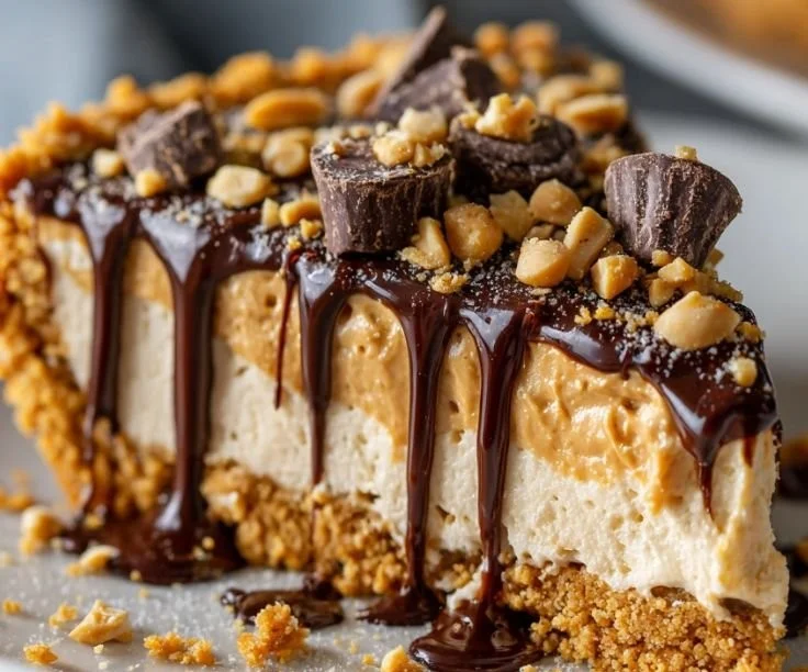 Delicious no-bake peanut butter pie topped with whipped cream and chocolate