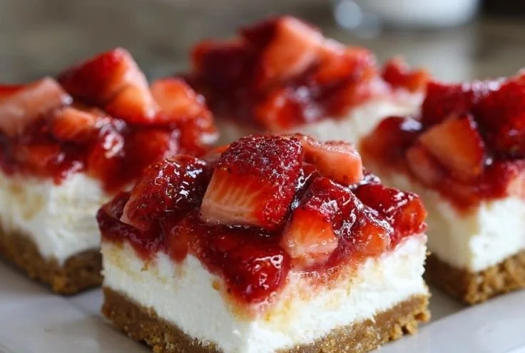 No-Bake Strawberry Cheesecake Bars with fresh strawberries
