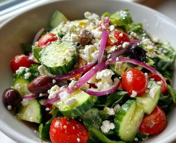 Fresh No-Wilt Mediterranean Salad with colorful vegetables and herbs.