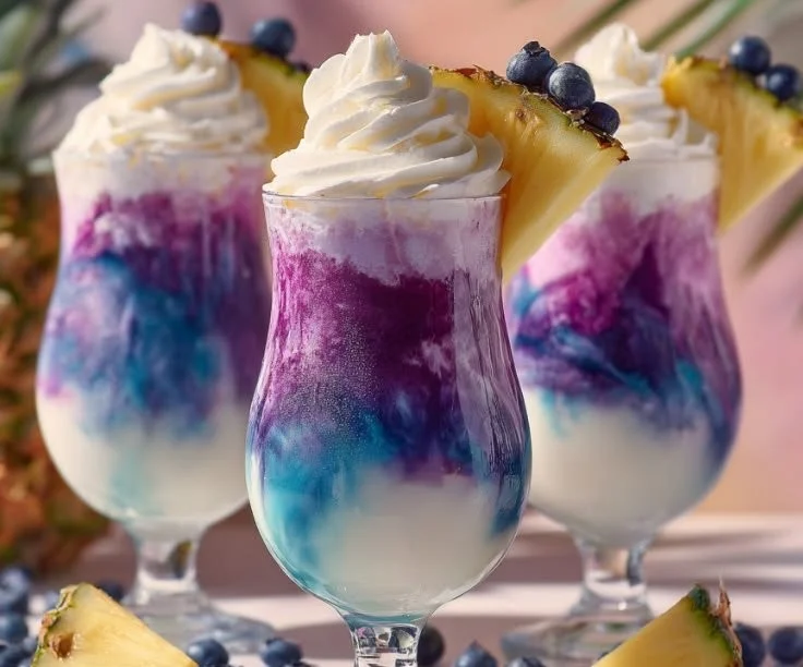 A refreshing Ocean Love Colada cocktail garnished with tropical fruits.