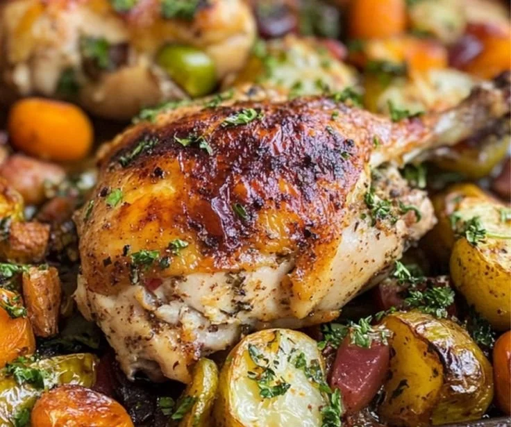 Delicious one pan chicken dinner with colorful vegetables and spices