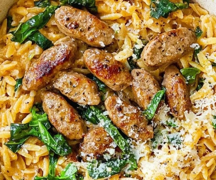 One pan chicken sausage and orzo recipe for a quick weeknight dinner.