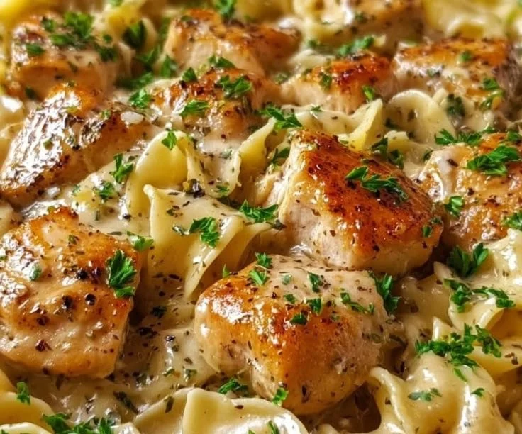 One-Pan Creamy Garlic Butter Chicken with Egg Noodles dish