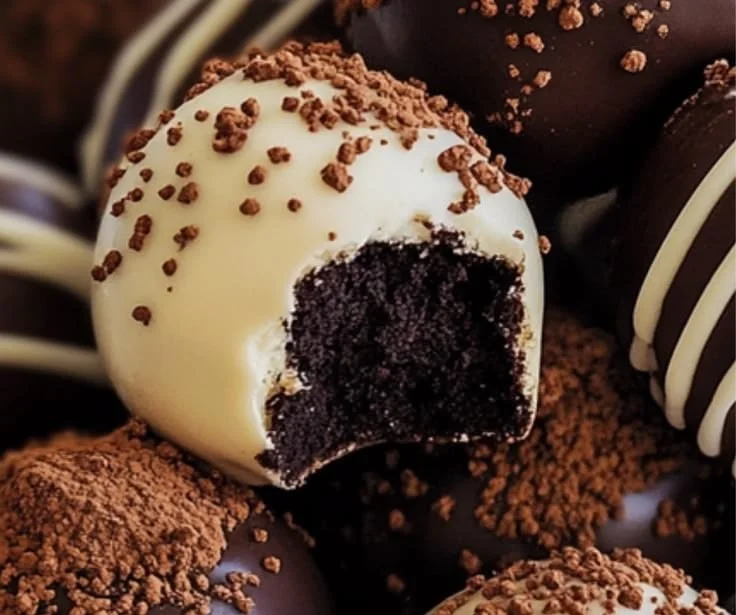 Delicious homemade Oreo Truffles coated in chocolate on a decorative plate