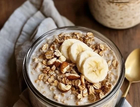 Bowl of overnight oats with brown sugar and toppings for a healthy breakfast