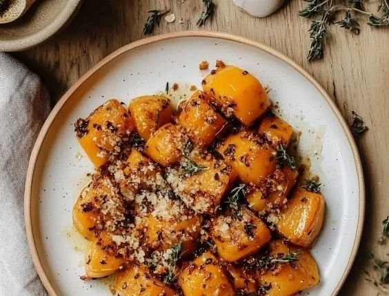 Bowl of Parmesan Roasted Butternut Squash garnished with fresh herbs