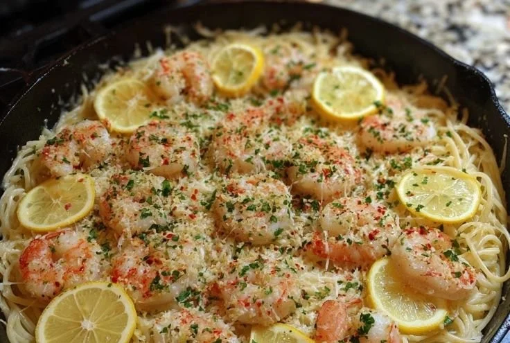 Delicious Pasta Bake with Shrimp Scampi topped with cheese, ready to serve.