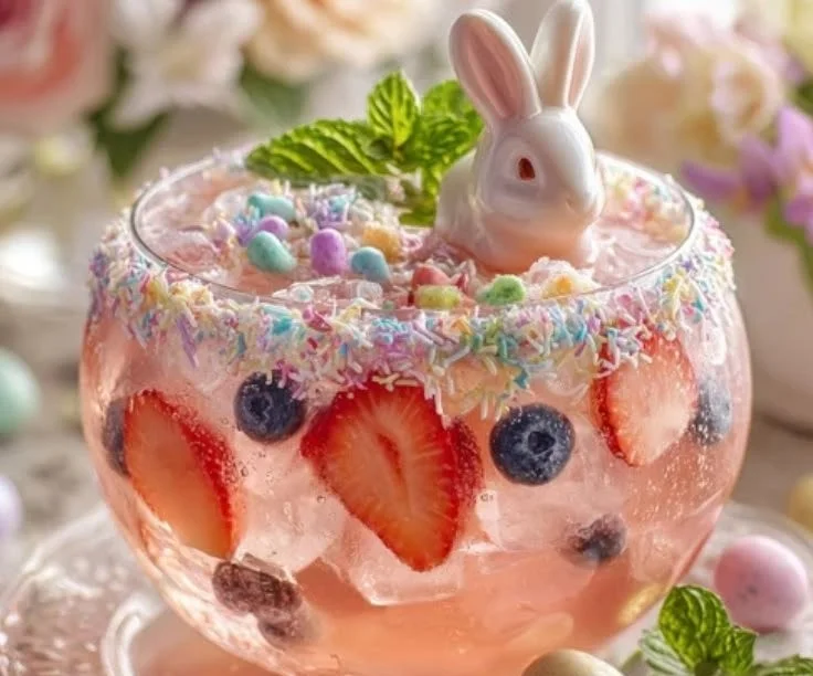 Colorful Pastel Bunny Punch served in a festive glass with a bunny decoration