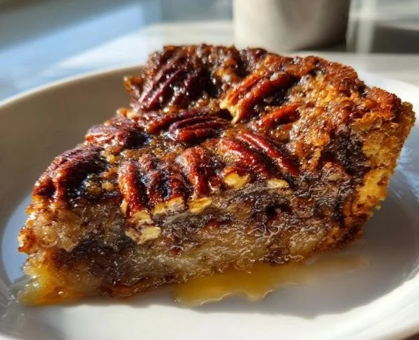 Delicious pecan pie dump cake topped with pecans and caramel drizzle.