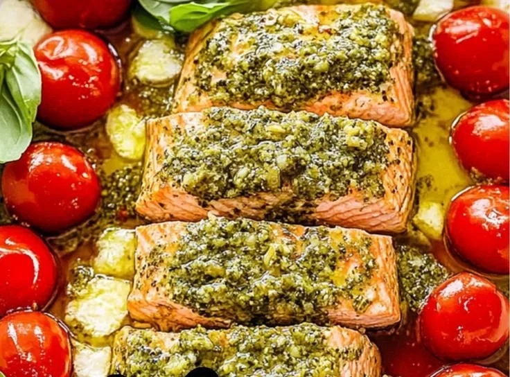 Baked pesto salmon fillet garnished with fresh herbs and lemon slices.