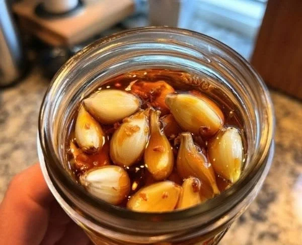 Jar of homemade pickled garlic cloves on a wooden table
