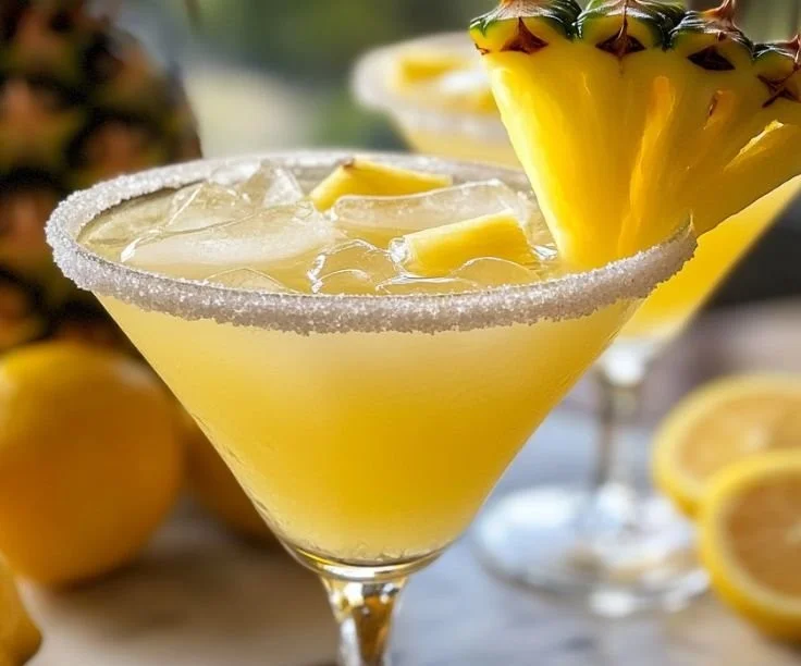 A refreshing Pineapple Lemon Drop cocktail in a glass with garnishes.