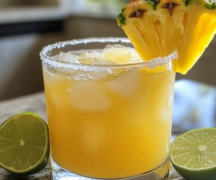 Refreshing Pineapple Margarita in a glass with a pineapple wedge garnish