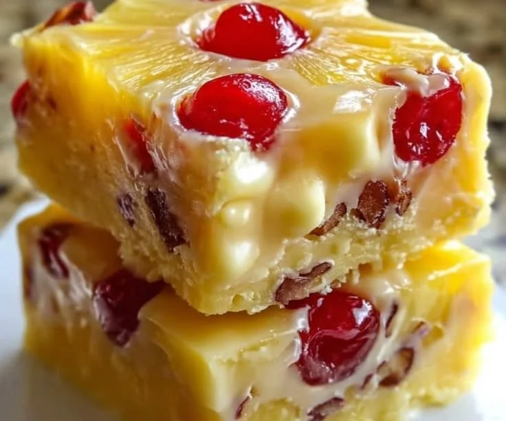 Delicious Pineapple Upside Down Cake Fudge topped with cherries and pineapple