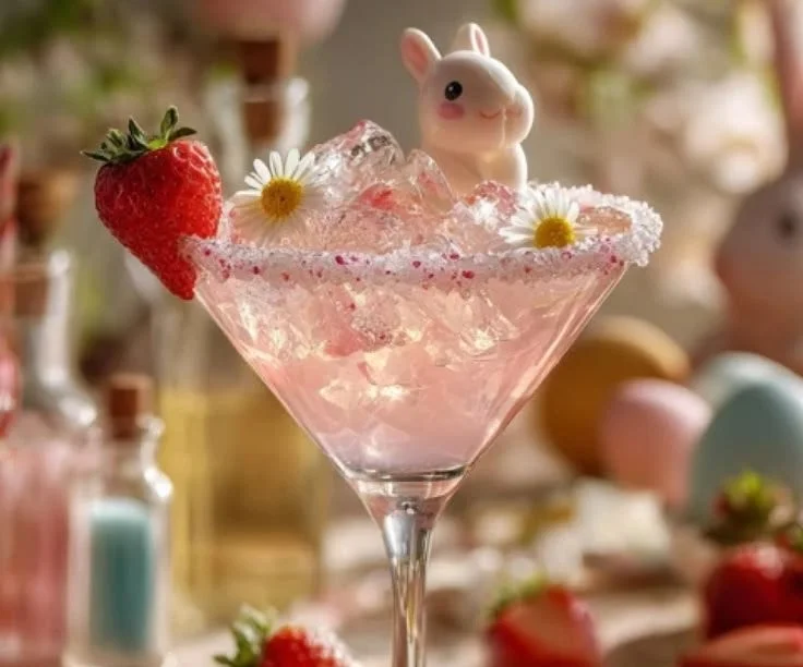 Delicious Pink Bunny Fizz drink in a colorful glass garnished with fruit.