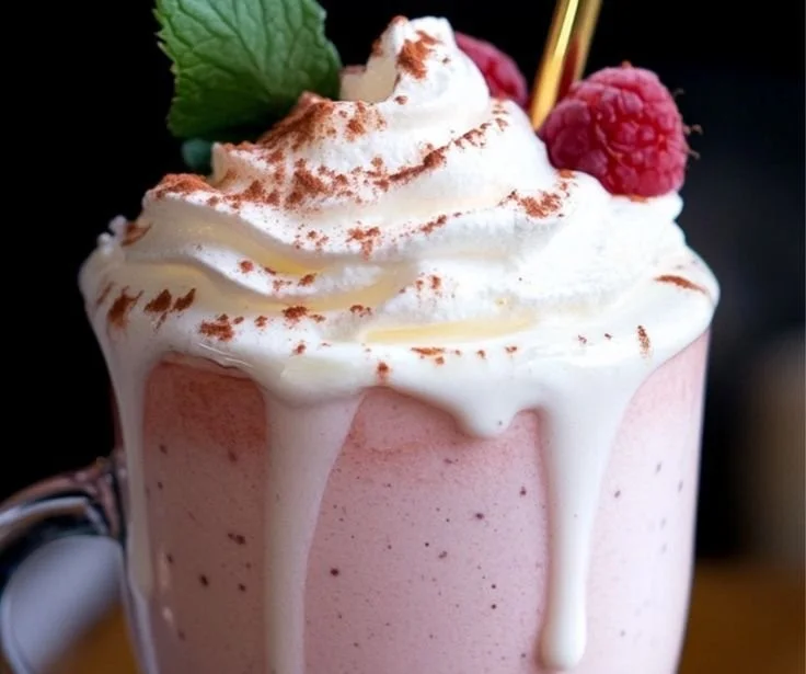 A warm cup of pink hot chocolate topped with whipped cream and sprinkles