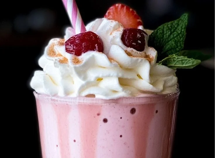A mug of pink hot chocolate topped with whipped cream and sprinkles.
