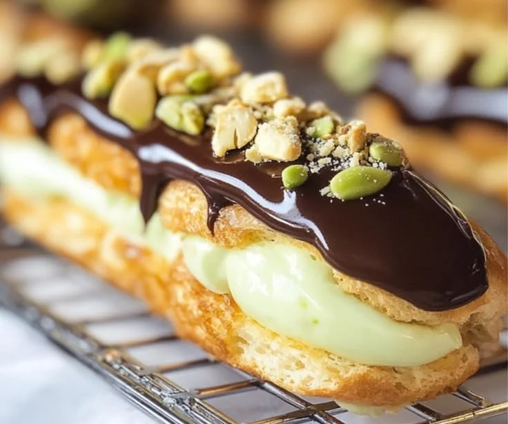Pistachio eclairs with creamy filling and elegant presentation