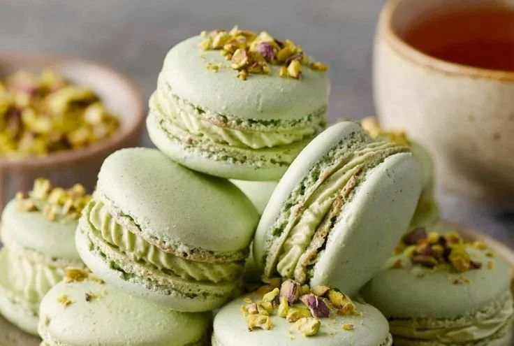 Delicious homemade pistachio macarons with a smooth, creamy filling.