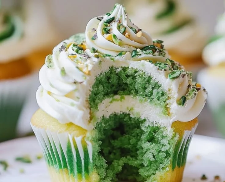 St. Patrick’s Day Pistachio Cupcakes with green frosting and festive decorations