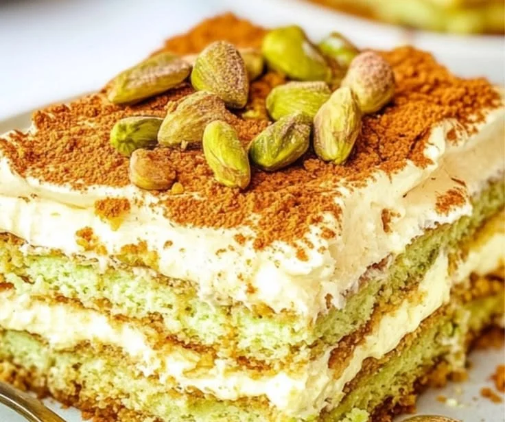 Delicious Pistachio Tiramisu dessert garnished with crushed pistachios