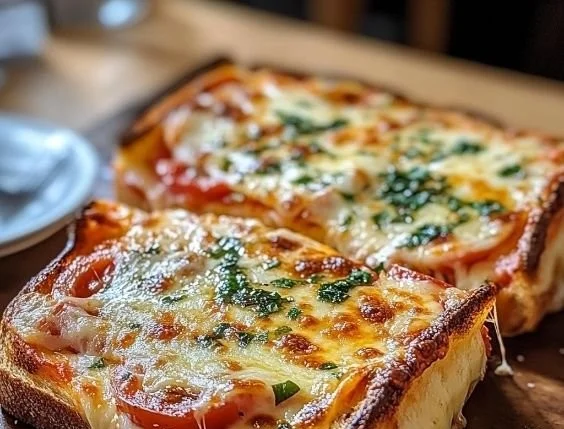 Pizza-Style Grilled Cheese Sandwich with melted cheese and pizza toppings