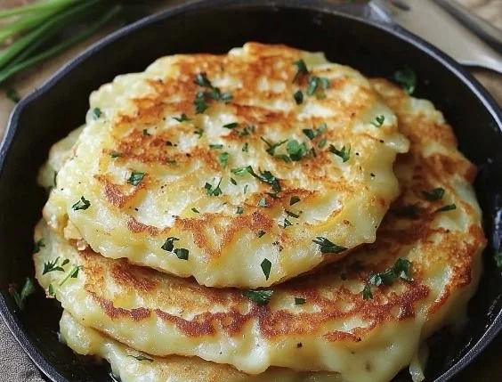 Plate of potato and onion cheese pancakes garnished with herbs