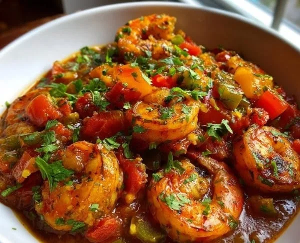 Delicious Puerto Rican shrimp stew served in a bowl with herbs and spices