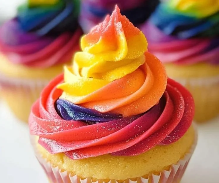 Vibrant rainbow cupcakes decorated with colorful frosting and sprinkles