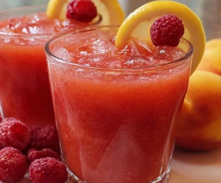Refreshing Raspberry Peach Lemonade in a glass with fresh fruits