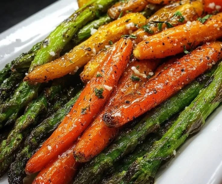 Crispy roasted asparagus and carrots served in a bowl, showcasing golden perfection.