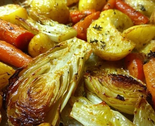 Plate of roasted cabbage, potatoes, and carrots garnished with herbs.