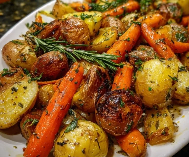 Crispy roasted potatoes with carrots and herbs on a serving platter.