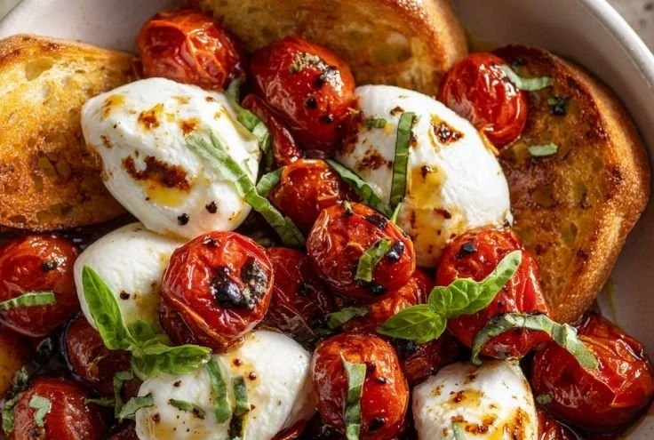 Dish of roasted tomatoes with creamy burrata cheese and fresh herbs