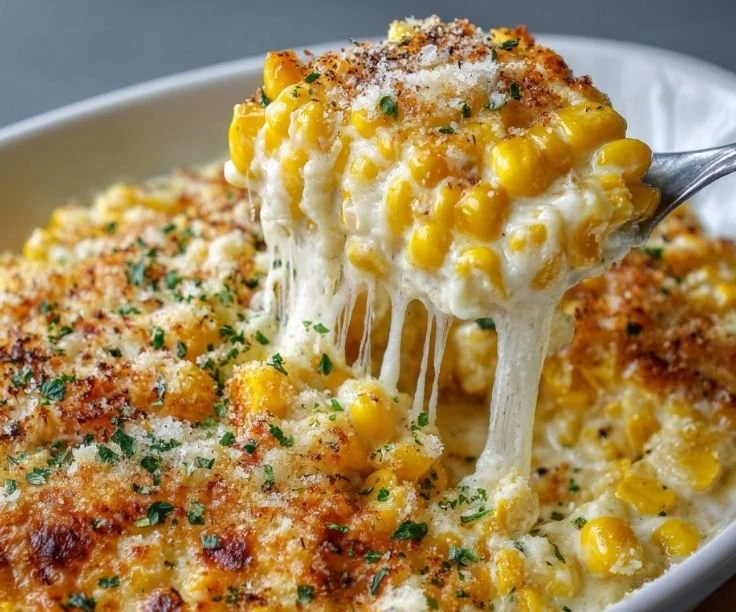 Delicious creamed corn au gratin served in a dish, topped with a golden breadcrumb layer.
