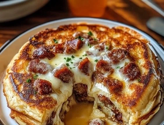 Delicious sausage-dipped pancakes served on a plate with syrup