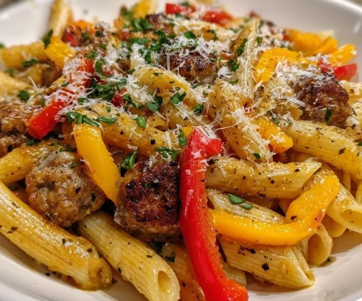 Creamy Sausage & Peppers Pasta garnished and served in a bowl