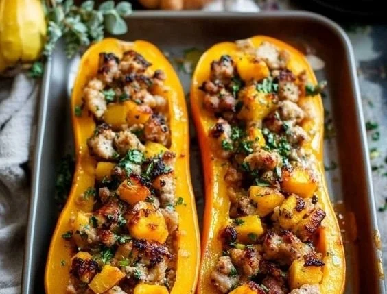 Sausage-stuffed butternut squash dish ready to serve