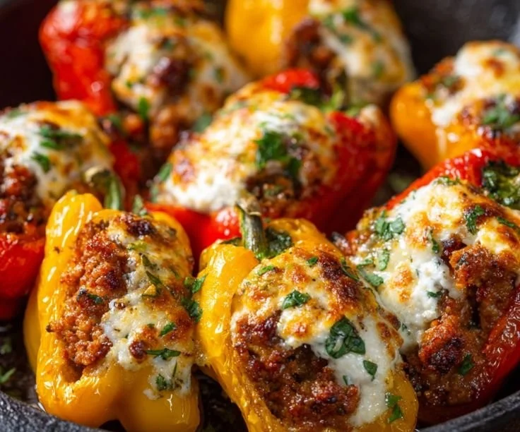 Sausage stuffed sweet mini peppers on a platter, ready to serve.