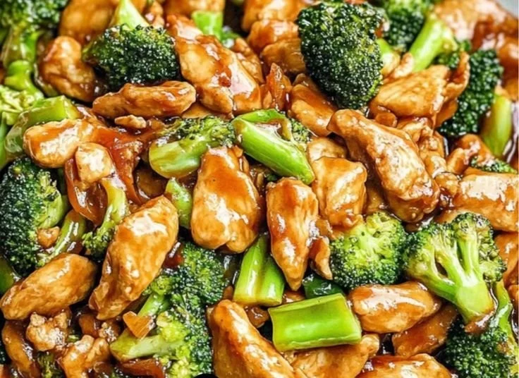 Savory chicken and broccoli stir fry on a plate with colorful vegetables