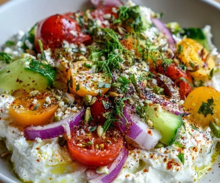 Savory cottage cheese bowl topped with crunchy ingredients and creamy textures