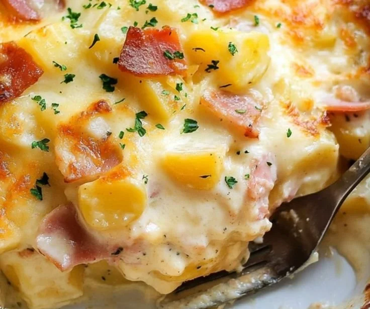 Creamy scalloped potatoes with ham served in a baking dish
