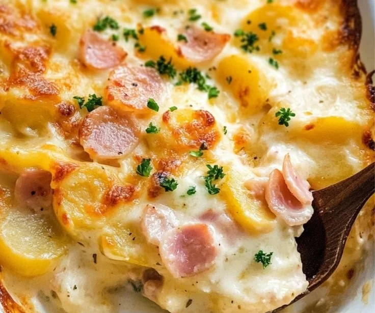 Creamy scalloped potatoes with ham baked to golden perfection