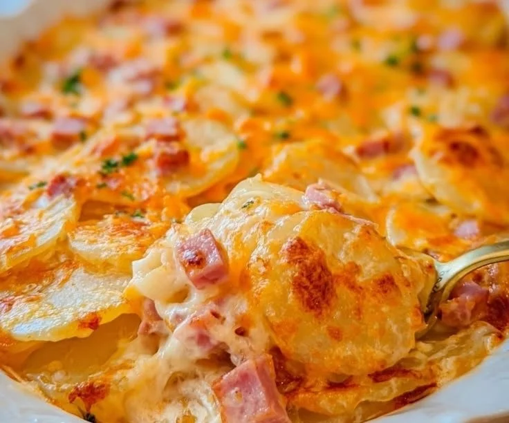 Delicious scalloped potatoes with ham and cheese baked to perfection