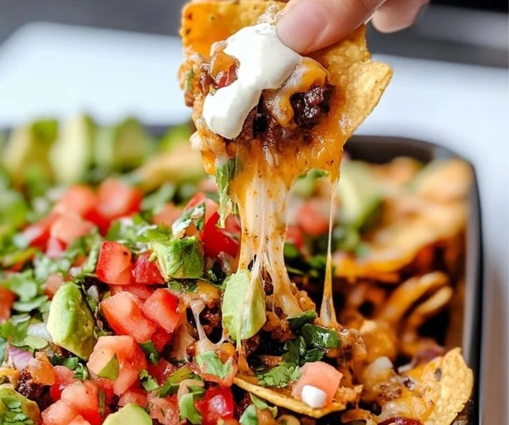 Delicious Sheet Pan Nachos topped with cheese and various toppings on a baking tray