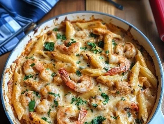 Delicious shrimp pasta dish with herbs and garnishes on a plate