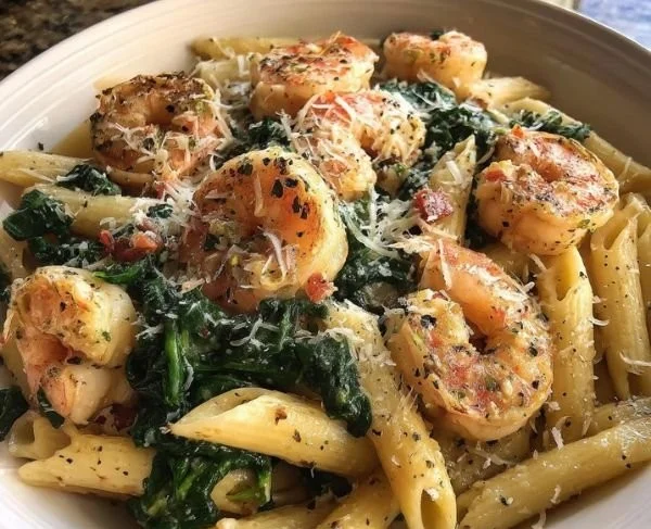 Shrimp penne pasta with spinach in a creamy sauce